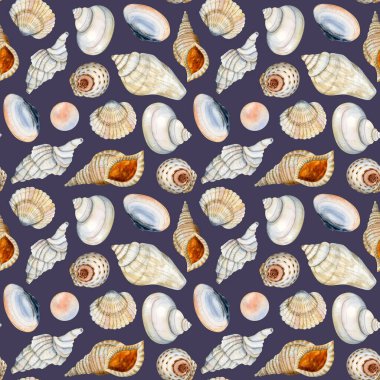 Koyu mavi suluboya deniz kabukları kumaş, tekstil tasarımı, kapaklar, bej turuncu kağıtlar.