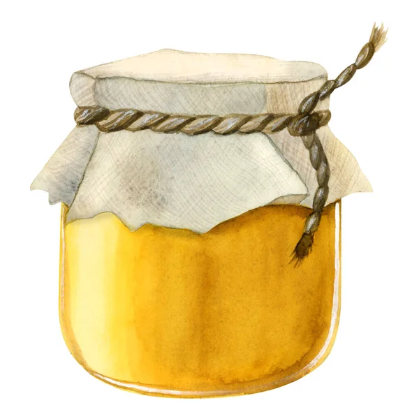 Honing Pot Aquarel Illustratie Geïsoleerd Witte Achtergrond Gele Glazen Pot — Stockfoto