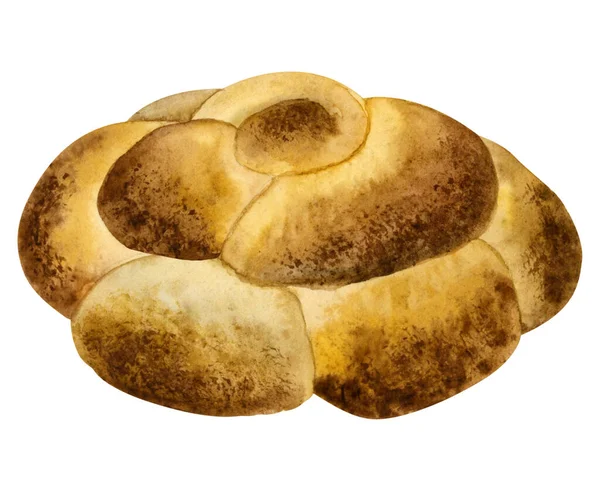 Runde Challah Brot Aquarell Illustration Isoliert Auf Weißem Hintergrund Frisches — Stockfoto
