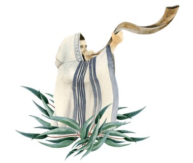 Yom Kippur, Rosh Hashanah bayramında Yahudi bir adamın okaliptüs dalları eşliğinde beyaz arka planda izole edilmiş suluboya resimleriyle talit üflüyor. Trompet ziyafeti.