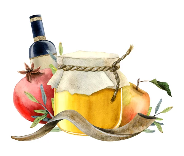 Happy Rosh Hashanah Wenskaart Template Met Honing Pot Granaatappel Fruit — Stockfoto