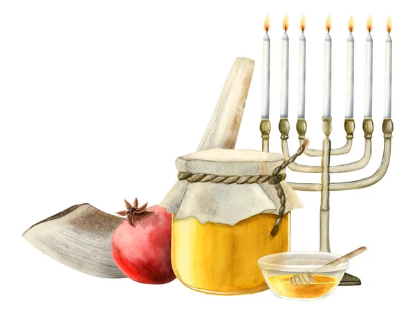 Rosh Hashanah Symboly Horizontální Pozdrav Banner Medovou Sklenicí Menorah Shofar — Stock fotografie