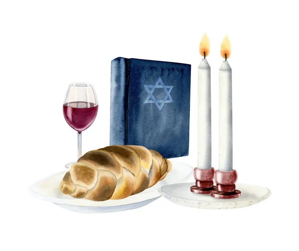 Shabbat Shalom Watercolor Composition Jewish Designs Saturday Eve Symbols Challah — Stock Photo, Image