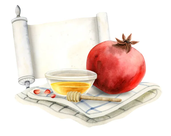 Pomegranate Honey Torah Scroll Honey Dipper Spoon Tea Towel Rosh — Stock Photo, Image