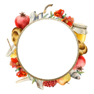 Rosh Hashanah, Yahudi Yeni Yılı için beyaz arka planda izole edilmiş telif alanı suluboya resimli tebrik kartı şablonu yuvarlak. Şana tova sembolleri nar, bal, challah ile çerçevelenir.