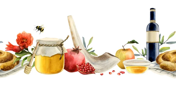 Rosh Hashanah horizontal seamless banner with honey, shofar, wine, round challah, apple and pomegranate fruit and flowers watercolor illustration isolated on white background for Jewish New Year.