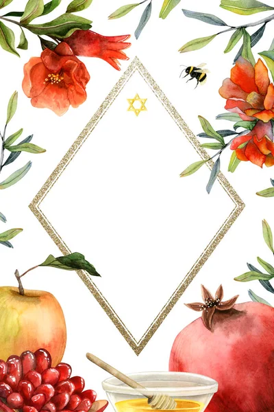 ロシュHashanahグリーティングカードテンプレートユダヤ人の新年のための白い背景に隔離された水彩イラスト A6形式に適しています コピースペース ザクロ リンゴ デビッドと赤の花の星 — ストック写真