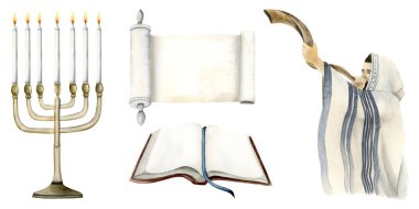 Yom Kippur suluboya illüstrasyon seti Yahudi adamın shofar boynuzu, Tevrat kitabı ve parşömeni üfleyip beyaz arka planda izole edilmiş mumlarla izole ettiği Kefaret Günü için..