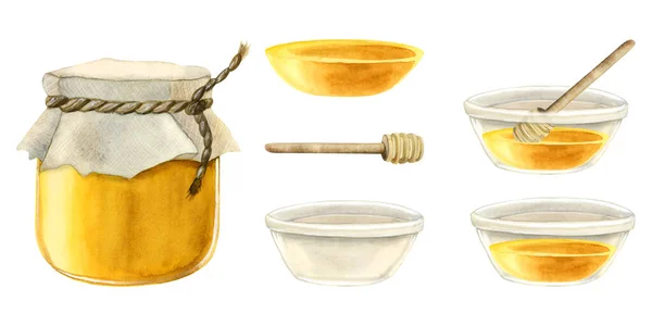 Honing Aquarel Illustratie Set Met Honing Dipper Pot Glazen Schaal — Stockfoto
