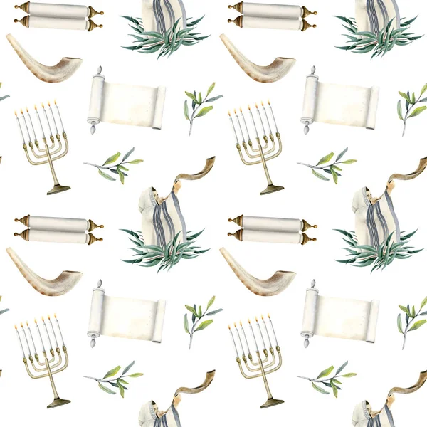 ユダヤ人ヨムKippurシームレスなパターンとともにMenorah キャンドル 背の高い吹いているシャツとトーラーは白い背景にスクロールします — ストック写真
