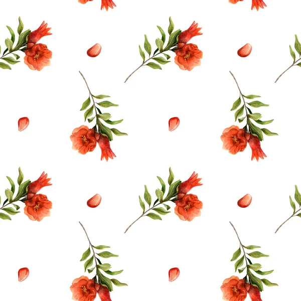 Granadas Rojas Flores Semillas Acuarela Patrón Sin Costuras Con Ramas —  Fotos de Stock