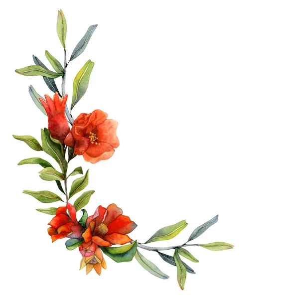 Akvarell Granatäpple Blommor Hörn Ram Med Unga Frukter Grenar Illustration — Stockfoto