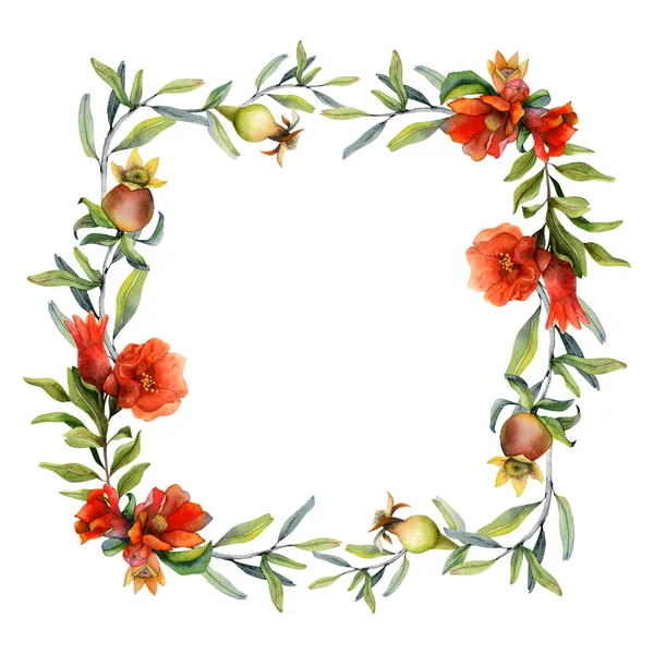 Rote Granatapfelblüten Und Zweige Festlichen Aquarell Quadratischen Rahmen Für Rosch — Stockfoto