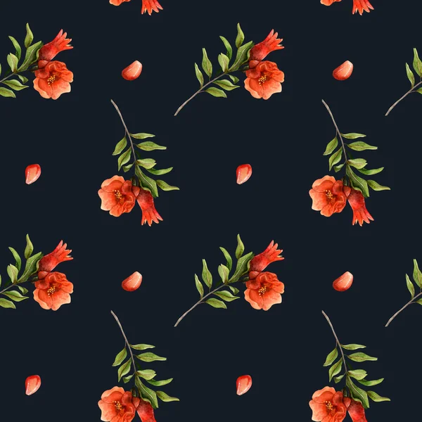 Dunkelblaue Und Rote Granatapfelblüten Und Samen Aquarellieren Ein Nahtloses Muster — Stockfoto