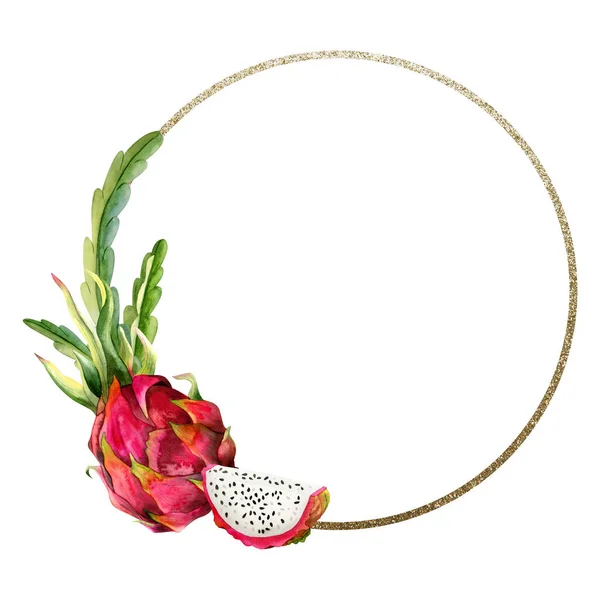 Goldener Runder Rahmen Mit Aquarell Rosa Drachenfruchtscheiben Und Kakteenblättern Für — Stockfoto