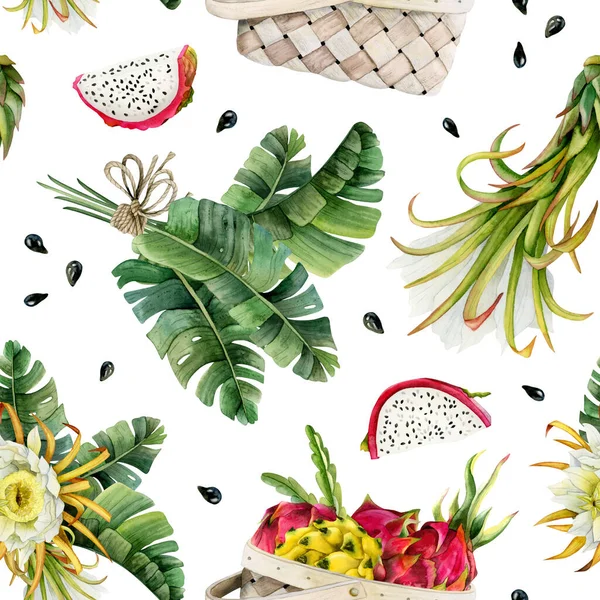Pitaya Drake Frukt Skörd Korg Blommor Och Skivor Med Tropiska — Stockfoto