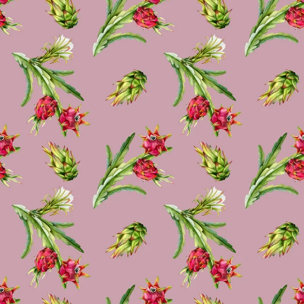 Blühende Kakteenzweige Mit Roten Drachenfrüchten Und Blüten Mit Nahtlosem Muster — Stockfoto
