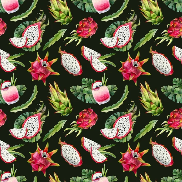 Ciemnozielony Różowy Pitaya Akwarela Smok Owoce Tropikalne Liście Bezszwowy Wzór — Zdjęcie stockowe