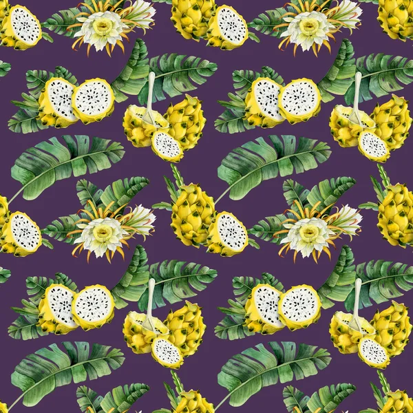 Daek Lila Gelbe Pitaya Drachenfruchtscheiben Tropischen Blättern Aquarell Nahtlose Muster — Stockfoto