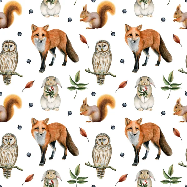Forest Woodland Animals Watercolor Seamless Pattern Cute Red Fox Bunny — Stock Photo, Image