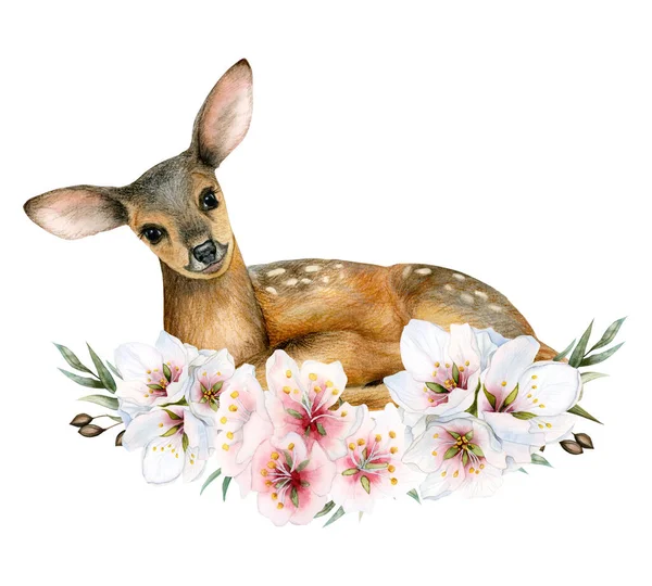 水彩画小鹿在粉红色的白花花环中 与白色背景隔离 手绘动物倾向卡片 邀请函 — 图库照片