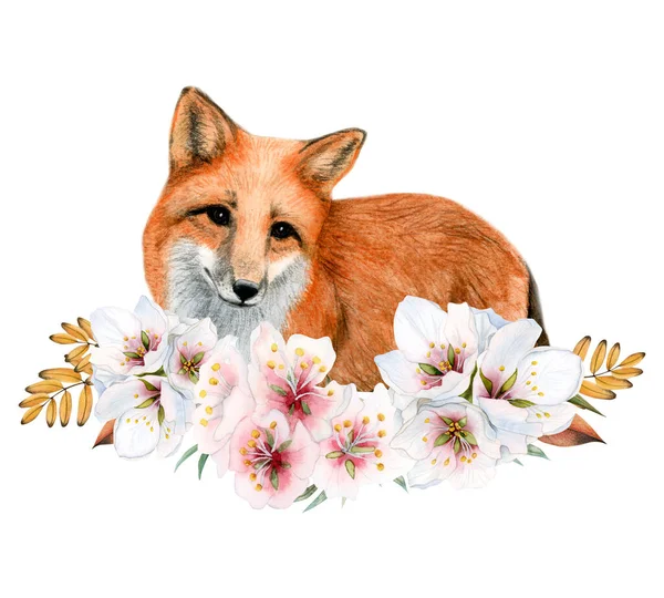 可爱的卡通红狐在花环和秋天的黄色叶子水彩画孤立在白色的背景 手绘林地动物 用于印刷和制卡 — 图库照片