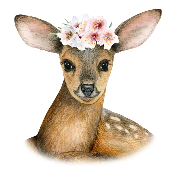 小鹿头像 带有粉色的白色花环图案 独立于白色背景 手绘动物倾向卡片 镀金的生日请柬 — 图库照片