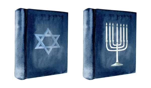 白い背景に隔離されたカバー水彩イラスト上のキャンドル記号とMenorahとトーラー シャバト シナゴーグ 休日のための青いユダヤ人の本のデザイン — ストック写真