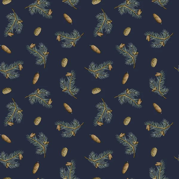 Weihnachtsbaumzweige Mit Tannenzapfen Aquarellieren Nahtloses Muster Auf Dunkelblauem Hintergrund Immergrüne — Stockfoto
