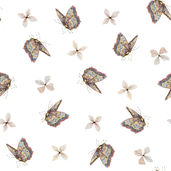 Akvarell Fjärilar Och Små Beige Blommor Seamless Mönster Vit Bakgrund — Stockfoto
