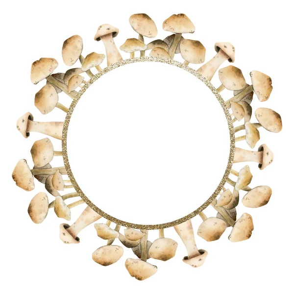 Brązowy Beżowy Małe Grzyby Jadalne Okrągłe Ramki Złotym Brzegiem Akwarela — Zdjęcie stockowe