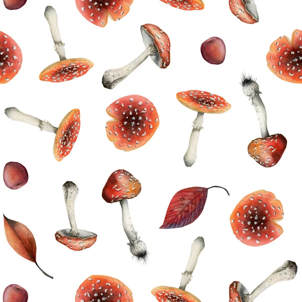 Fly Agaric Watercolor Seamless Pattern Red Amanita Muscaria Fall Leaves — Stock Photo, Image