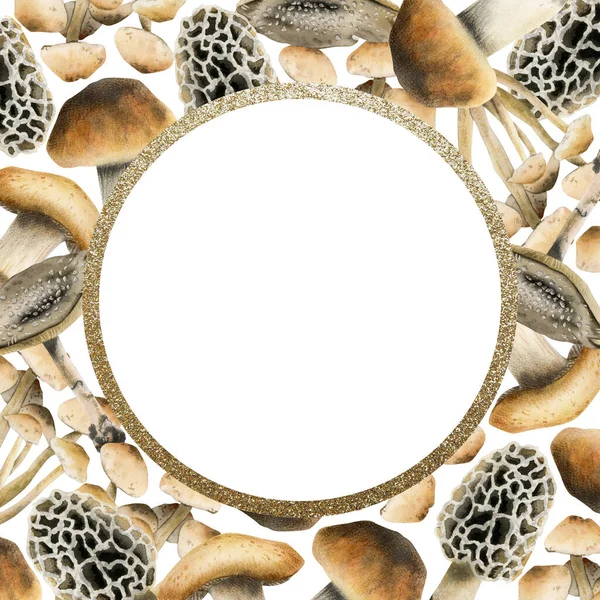 Braun Essbare Pilze Runde Rahmenvorlage Mit Goldrand Aquarell Illustration Isoliert — Stockfoto