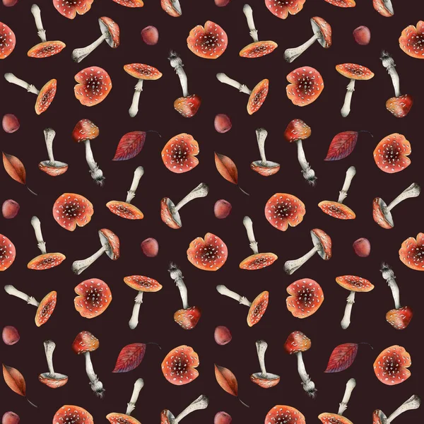Dunkelbraune Und Rote Fliegenfarbene Aquarelle Mit Nahtlosem Muster Mit Amanita — Stockfoto