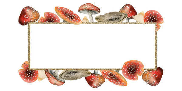 Flyga Agarik Svamp Rektangulär Ram Med Guldkant Akvarell Illustration Isolerad — Stockfoto