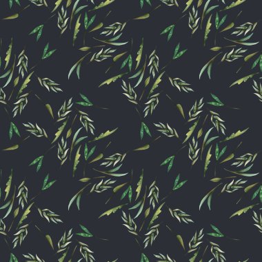 Koyu mavi çayır yeşil çimen, suluboya, pürüzsüz desen. Hassas çiçek deseni, basit minimalist kumaş dizaynları için romantik botanik arkaplan.