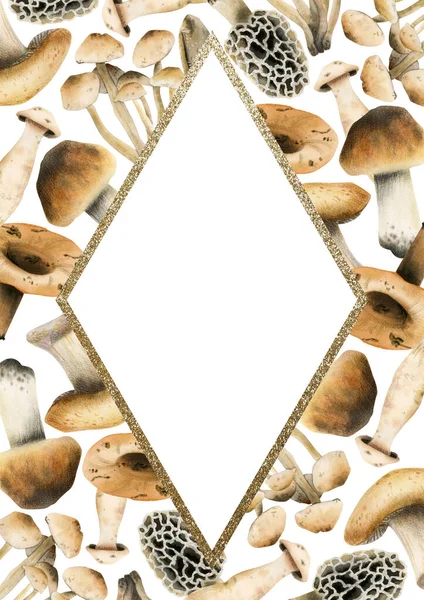 Aquarel Champignons Verticaal Rechthoekig Frame Met Gouden Ruit Illustratie Geïsoleerd — Stockfoto