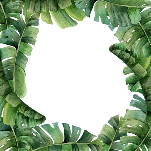 Tropikalne Liście Palmy Kwadratowa Ramka Akwarela Ilustracja Kopia Krajobraz Dla — Zdjęcie stockowe