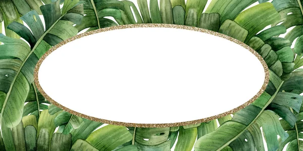 Feuilles Palmier Tropical Ovale Cadre Doré Couronne Aquarelle Illustration Isolée — Photo