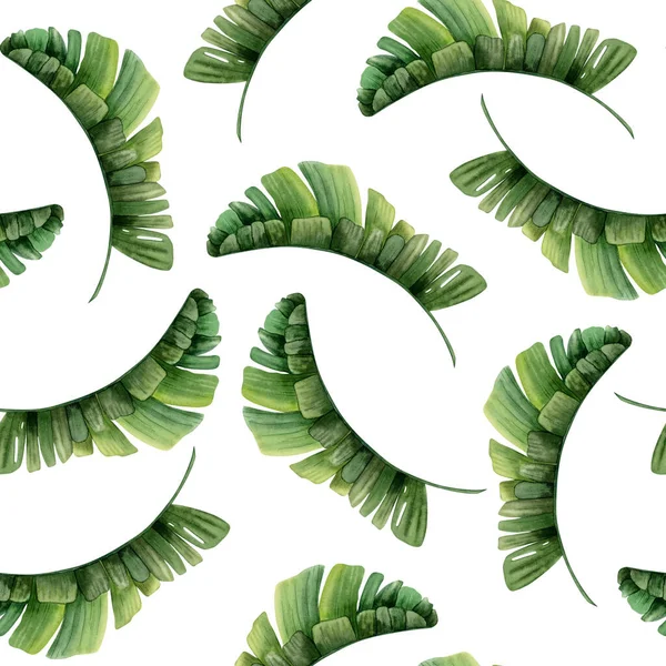 Liście Tropikalne Akwarela Bezszwowy Wzór Białym Tle Zielonych Roślin Tropikalnych — Zdjęcie stockowe