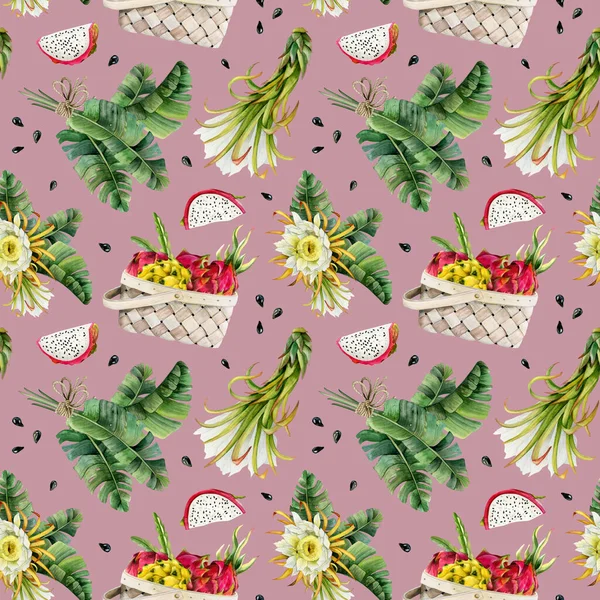 Tropiska Frukter Skörd Och Palmblad Blommor Och Skivor Med Akvarell — Stockfoto