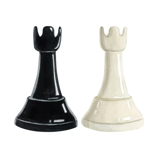 Watercolor Chess Rooks Pieces Black White Illustration Isolated White Background — Stock Photo, Image