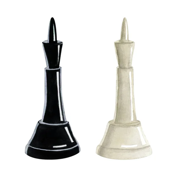 Watercolor King Chess Black White Pieces Illustration Isolated White Background — Stock Photo, Image