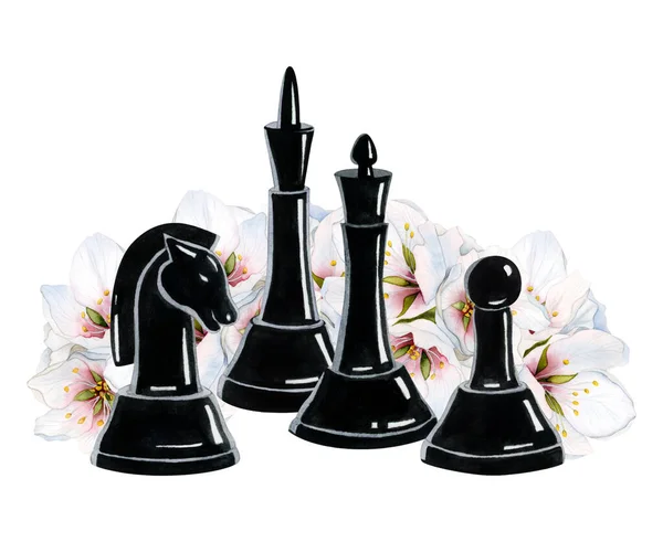 Černý Král Královna Rytíř Pěšák Šachové Figurky Akvarel Ilustrace Bílými — Stock fotografie