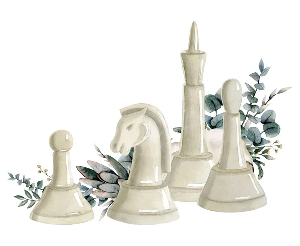 Bílý Král Biskup Rytíř Pěšák Šachové Figurky Akvarel Ilustrace Zelenými — Stock fotografie