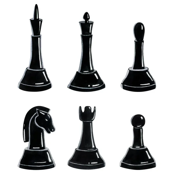 Black Chess Pieces Watercolor Illustration Set Hand Drawn Realistic Clipart — Stock Photo, Image