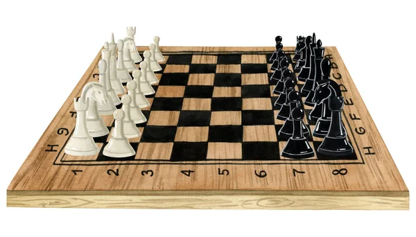Ilustração em aquarela de jogo de damas com tabuleiro de xadrez de madeira  mesa marrom e preta desenhada à mão