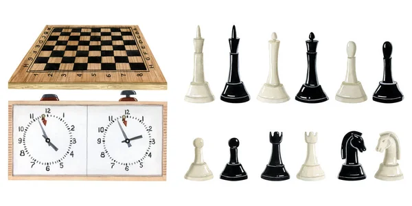 Watercolor Chess Board Clock Pieces Full Set Hand Drawn Realistic — Stock Photo, Image
