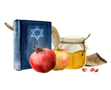 Tevrat kitabıyla suluboya Rosh Hashanah sembolleri, Davut yıldızı, bal kavanozu, nar meyvesi ve elma, uzun shofar boynuzu illüstrasyonu Yahudi yeni yılı için beyaza izole edilmiş ve yom kippur.