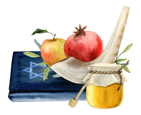 犹太Rosh Hashanah符号 托拉书 大卫之星 蜂蜜罐 石榴果和苹果 以色列新年在白色上隔离的雪佛角水彩画和Yom Kippur — 图库照片
